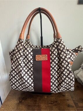 Kate Spade Brown, Cream & Red Patterned Tote with Tan Handles